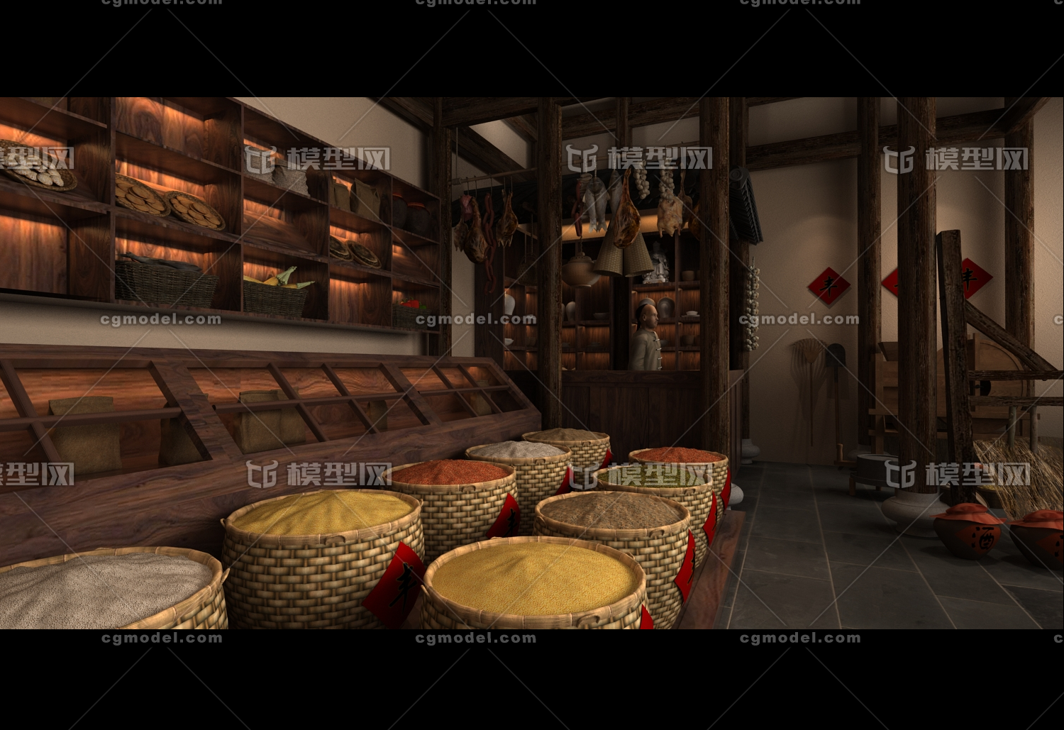 古代杂货铺 古代集市 古代古建 古建 杂货店 木桶 稻谷 粮食 酒桶