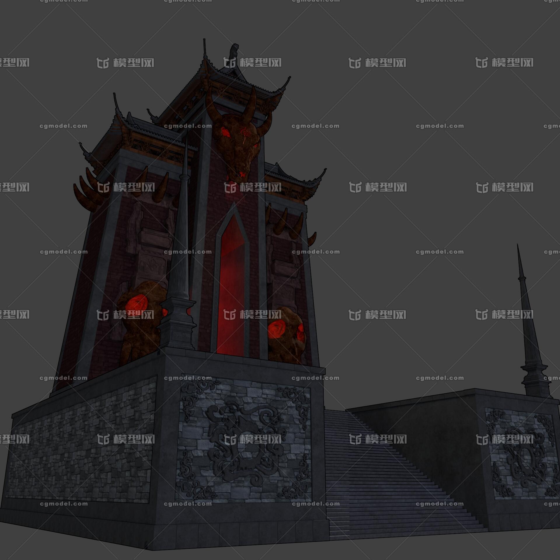 游戏场景,漫画场景,卡通场景,中式建筑,古建,古堡,大门,广场,台阶