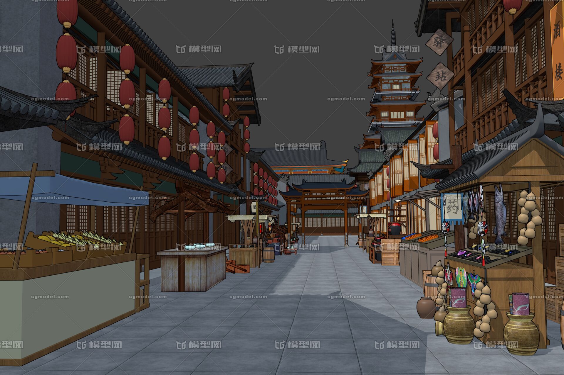 漫画场景 卡通场景 中式建筑 古建 楼阁 中式商店 古代街道 小摊 风筝