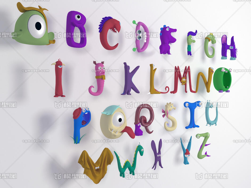 卡通q版立体全套26个英文字母角色模型 拟人化角色化英文字母模型
