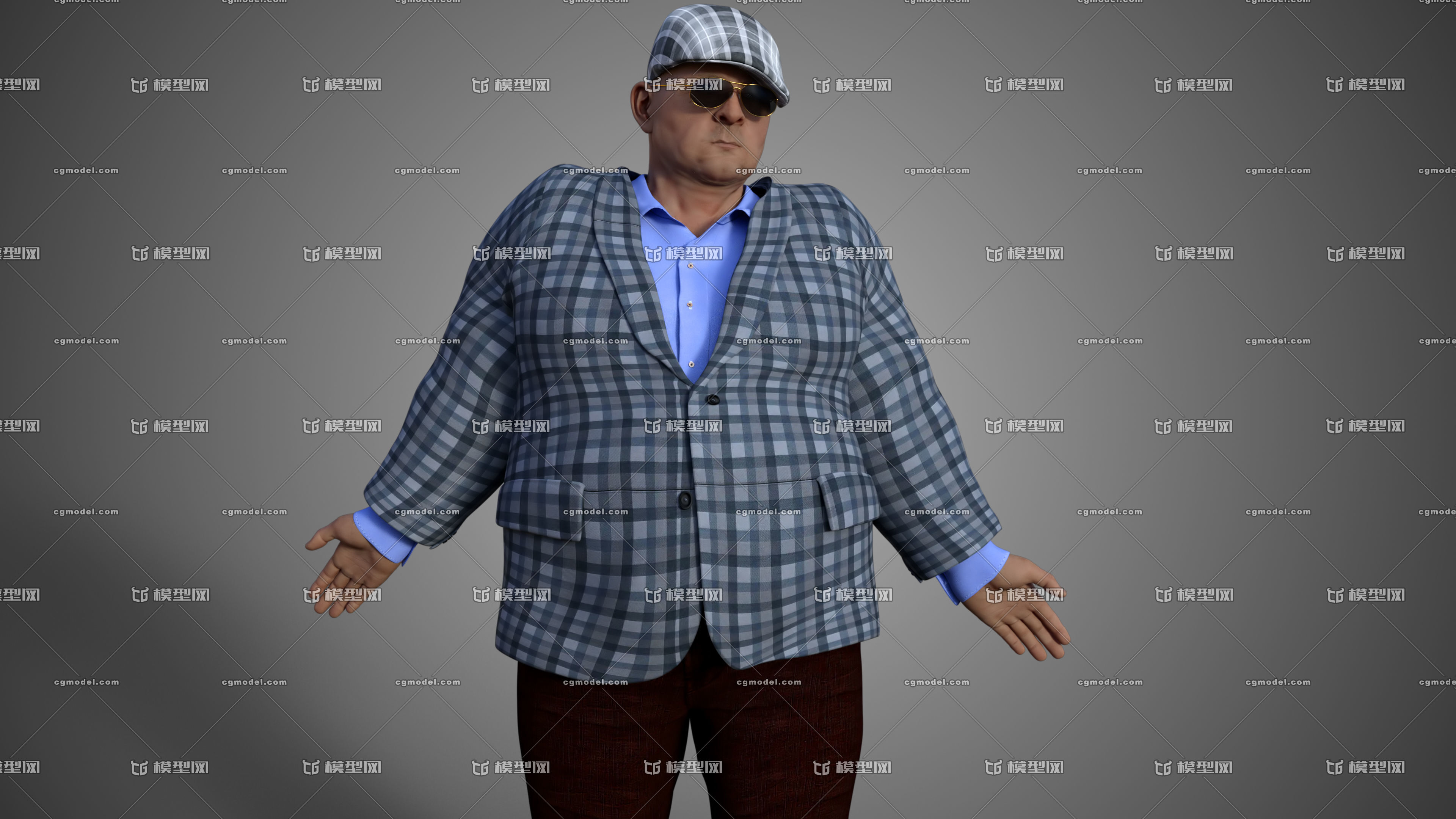写实胖子模型maya绑定肥胖男人老板格子大褂衬衣经理商人模型带4k法线