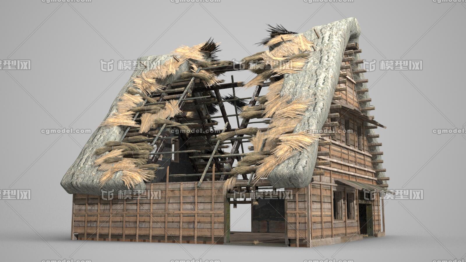 古建筑破烂不堪的茅草房