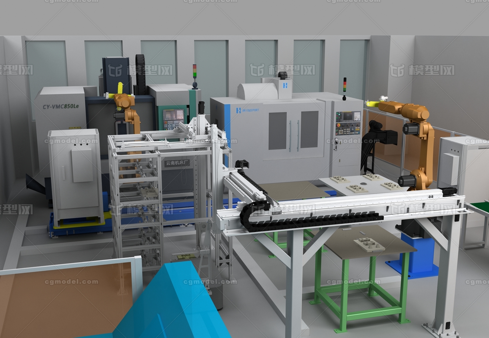 柔性装配生产线,机床,加工中心,厂房,机器人,机械手臂,自动化生产线