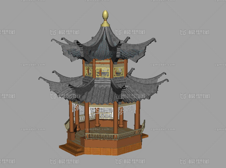 中式凉亭 木质凉亭 古建亭子 亭子 明清凉亭  模型