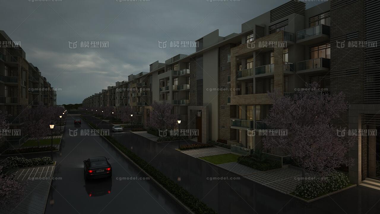 夜景小区写景场景建筑效果图模型住宅楼