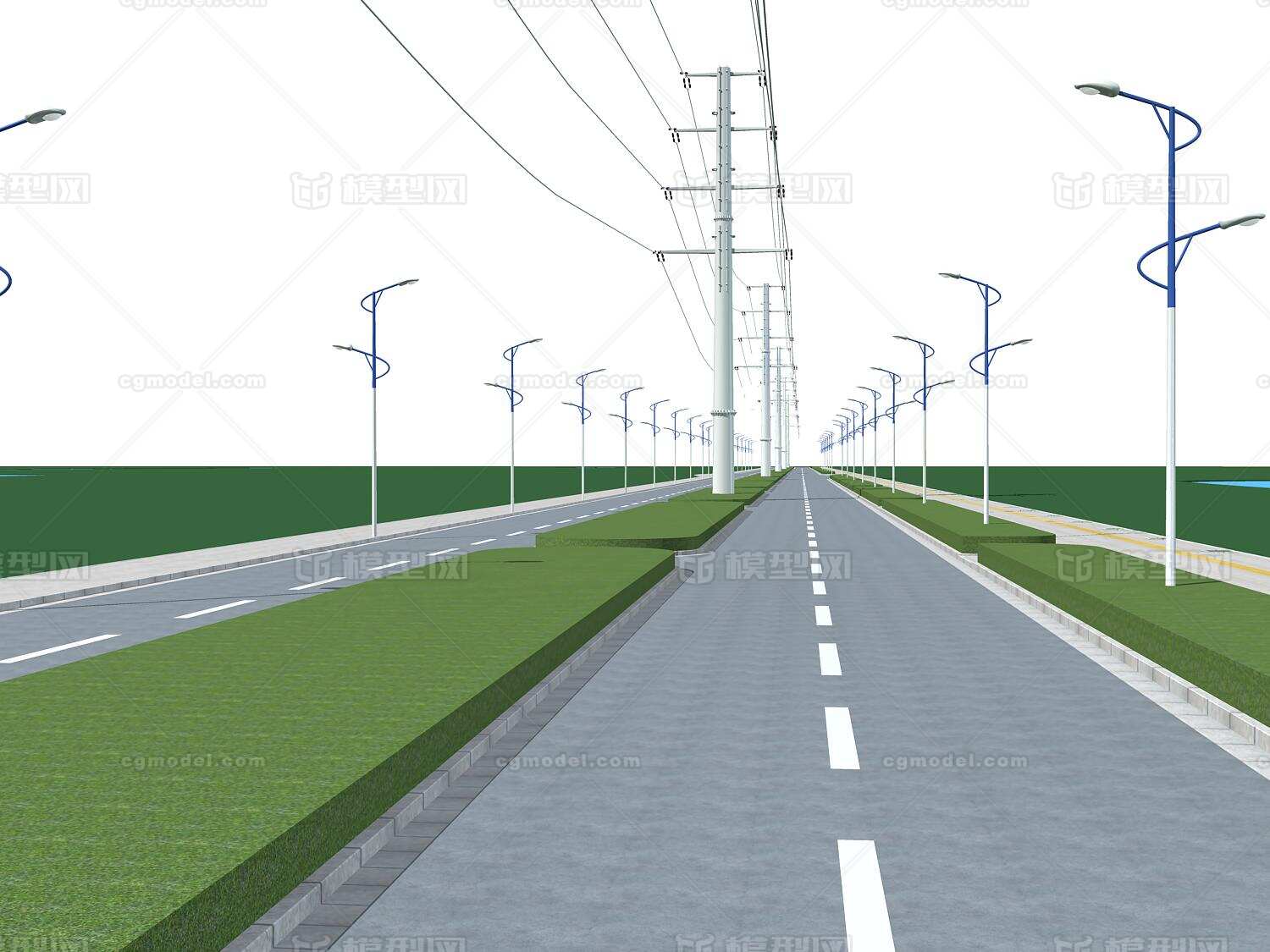 道路 高压线 路灯 道路模型 场景 场景模型
