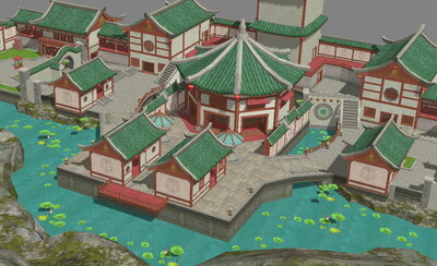 江南建筑场景 古代庭院庄院 依山傍水徽派复古疗养院 池塘荷花荷叶
