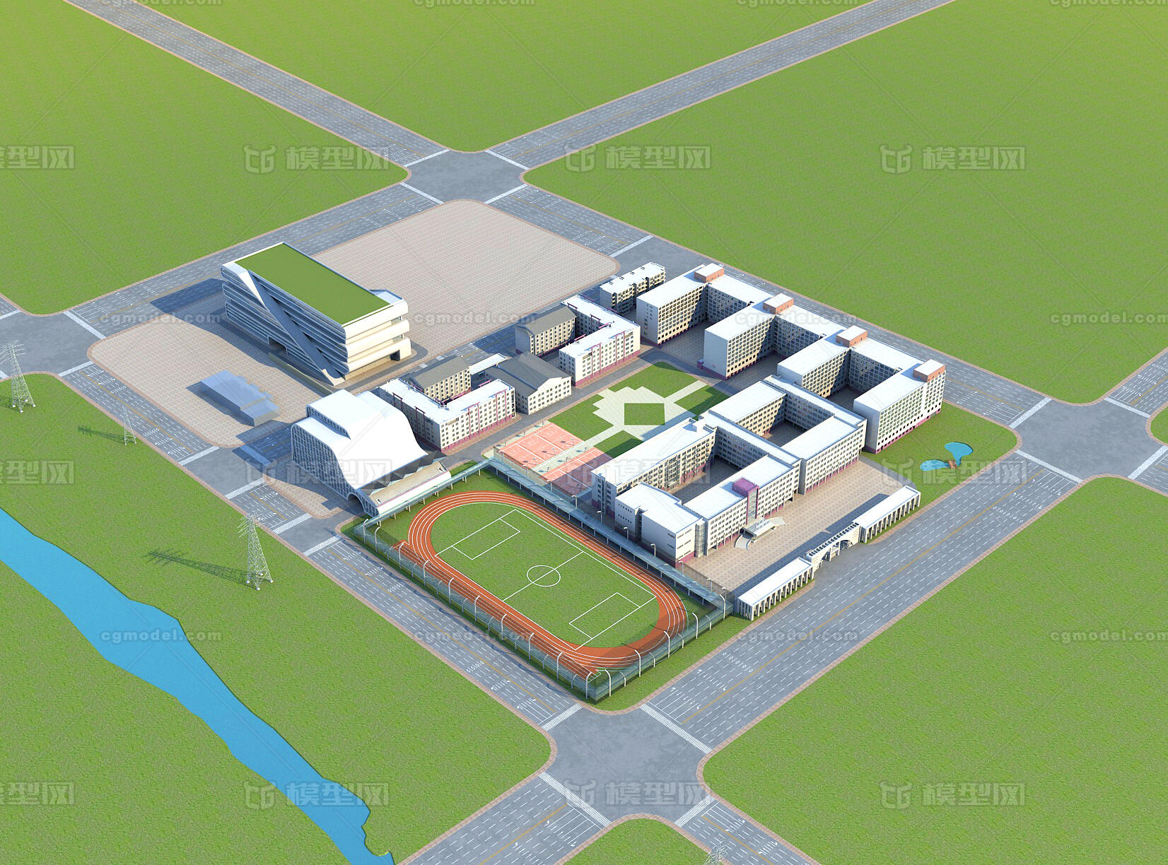 学校鸟瞰 学校规划设计 教学楼 办公楼 学校大门 图书馆 操场 艺术楼