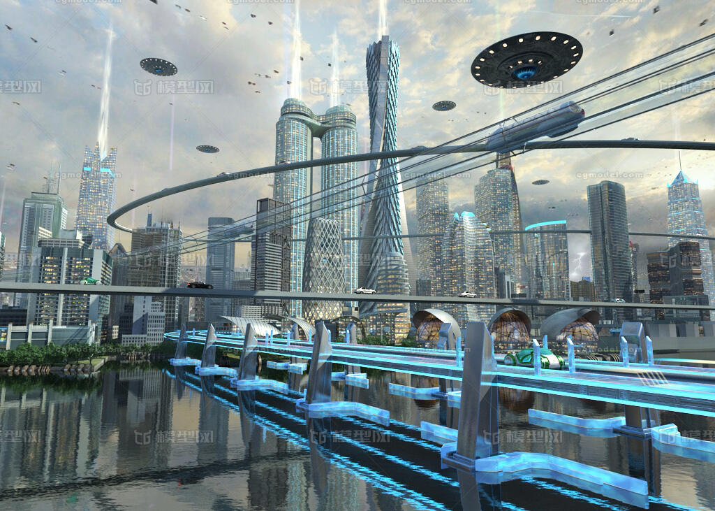 写实未来城市科幻场景,未来世界,飞碟,科幻,科幻车,概念车,悬浮路,cbd