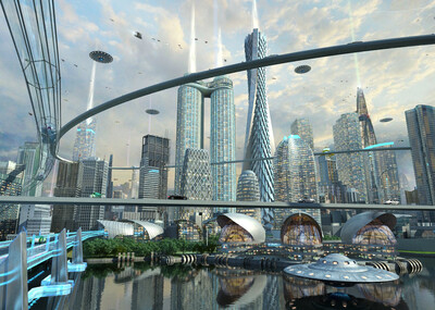 写实未来城市科幻场景,未来世界,飞碟,科幻,科幻车,概念车,悬浮路,cbd