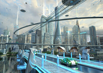 写实未来城市科幻场景,汽车有行驶的动画,县级动画平推观看场景,场景