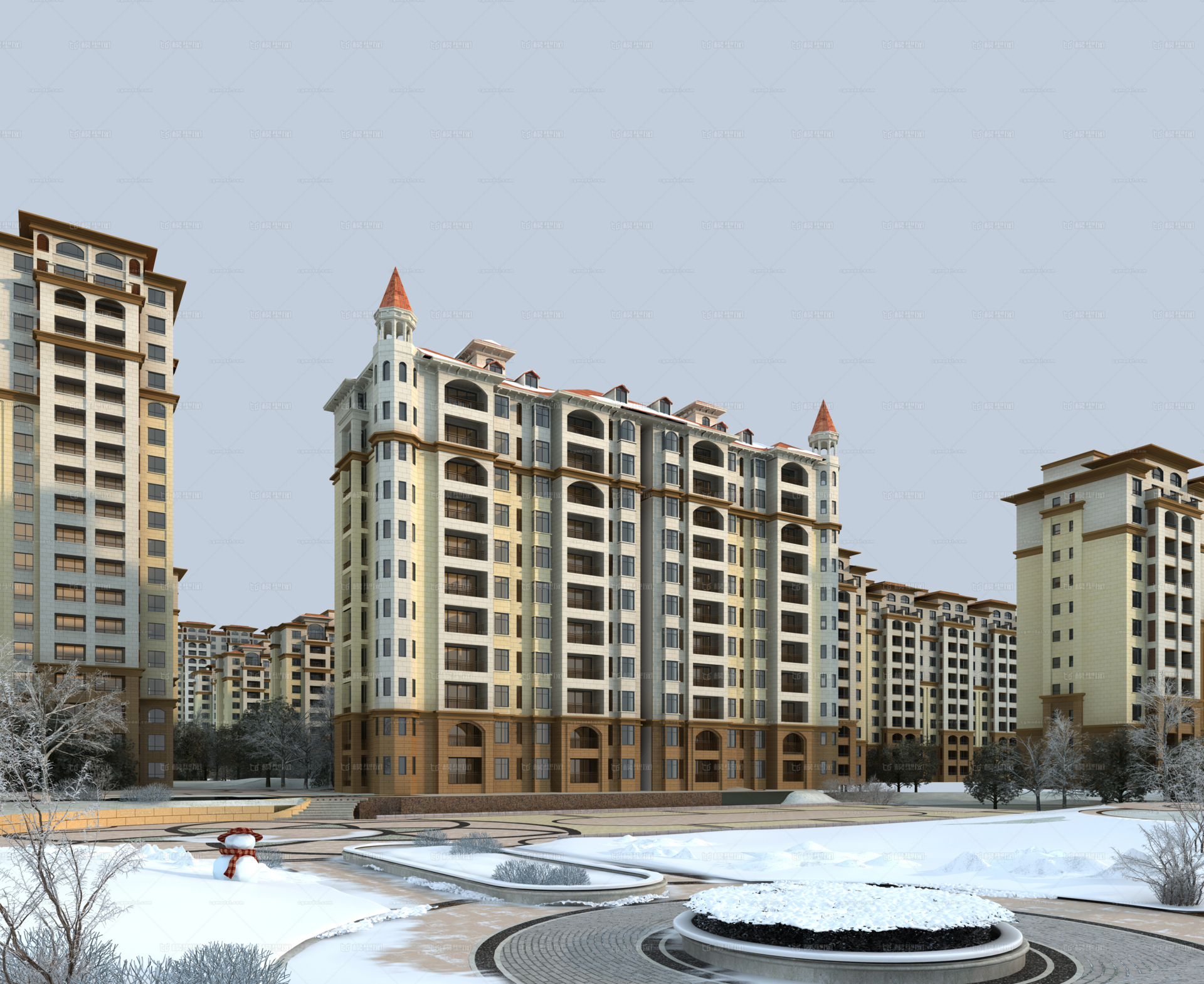欧式建筑 建筑 建筑模型 多层住宅楼 住宅 住宅楼 住宅小区 雪景