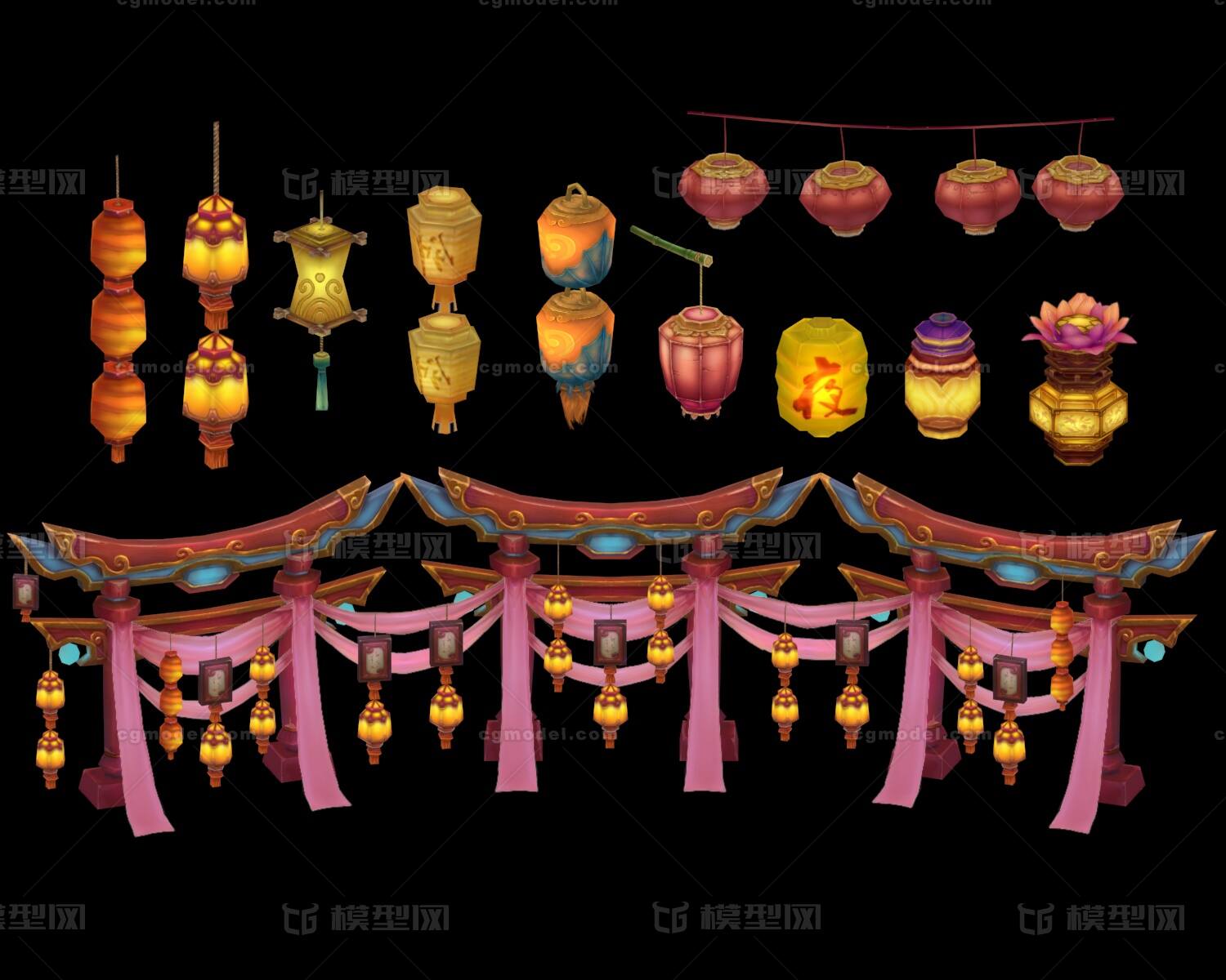 灯笼 彩灯 牌坊 花灯 古建筑灯笼 q版 手绘 元宵灯笼 纸灯笼 fbx max