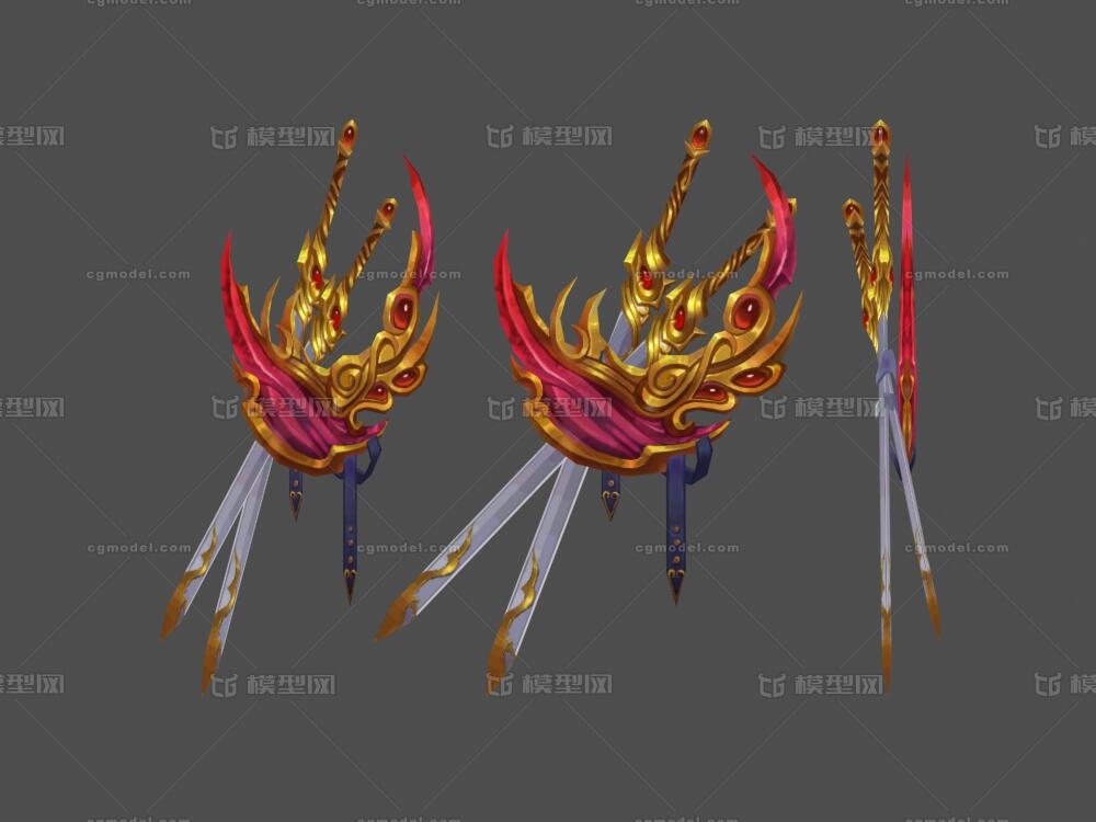 双剑 剑囊 剑袋 红水晶 金属 法宝 法器 装饰品 手绘武器