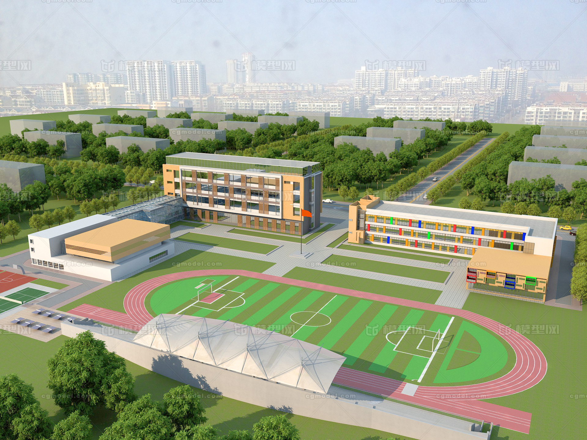 鸟瞰 学校鸟瞰 学校规划设计 教学楼 办公楼 图书馆 操场 食堂 实验楼