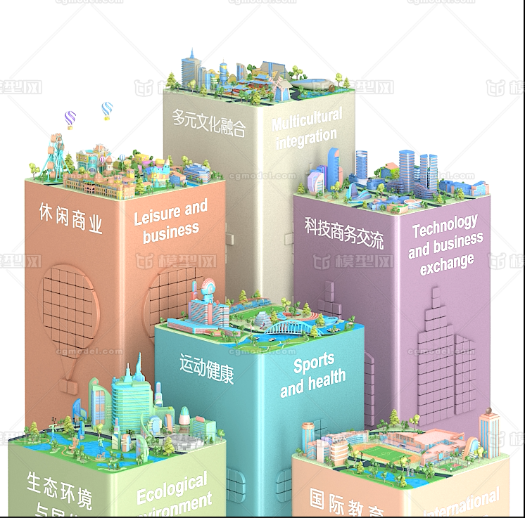 q版城市 卡通城市场景 卡通建筑  卡通学校 卡通商业 卡通景观 卡通