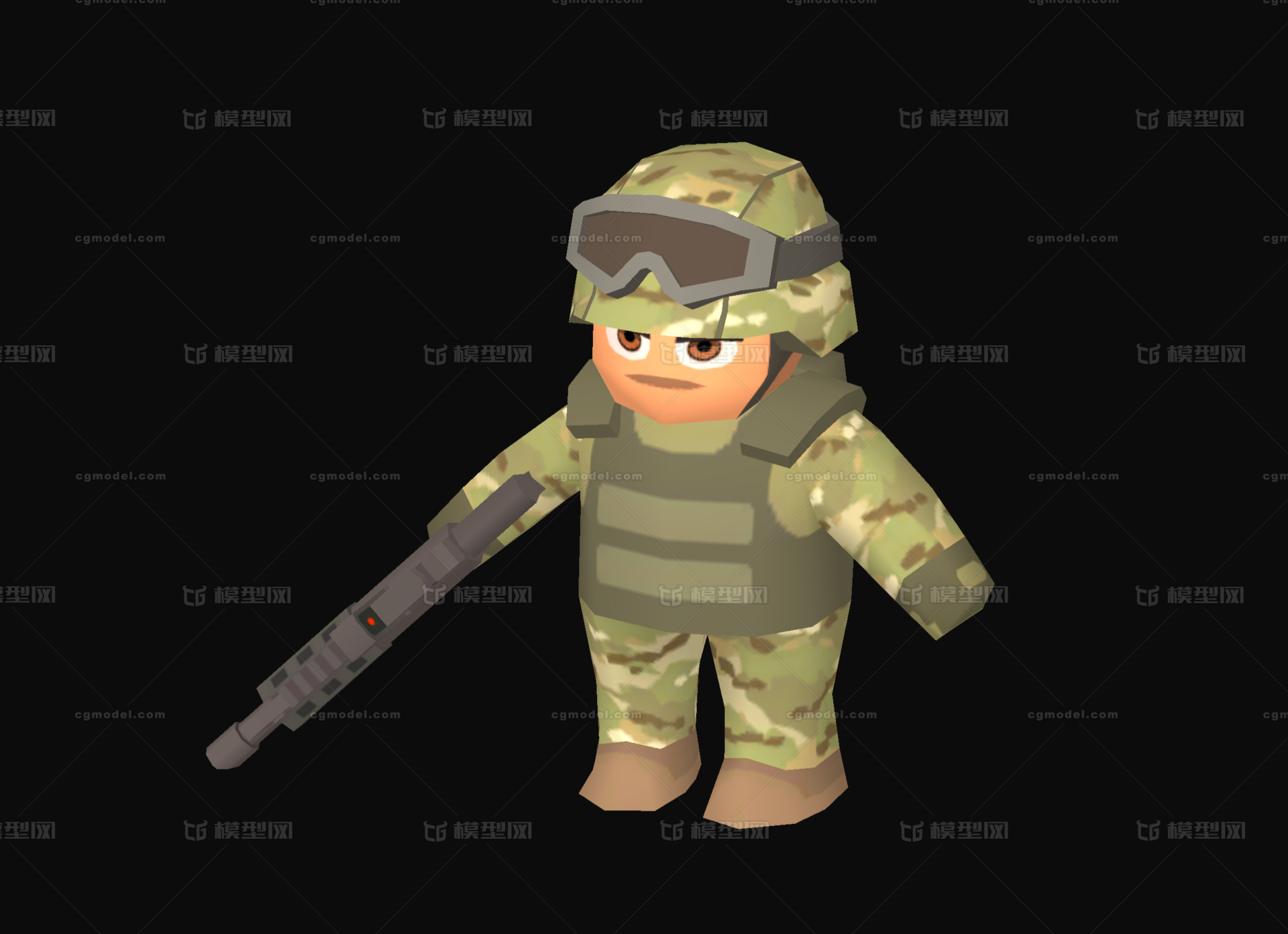 低面数low poly 卡通q版小兵士兵野战兵特种兵迷彩服装武器枪械