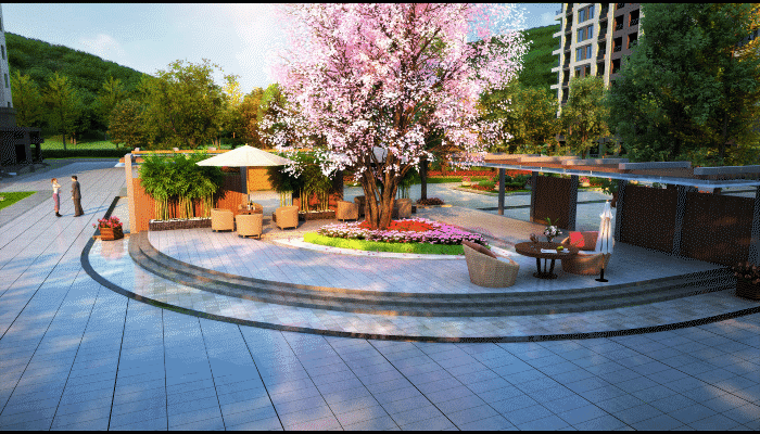 新中式园林现代园林 中国园林 小区 景观设计 樱花树 樱花 广场 中心