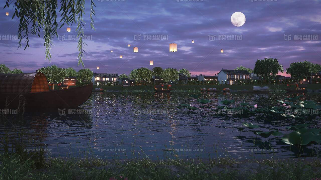 古代河岸 岸边小船 河边夜景 孔明灯 河边小船 夜景
