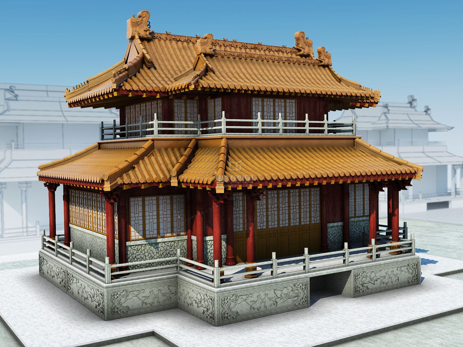 影视模型 东方中式古建筑 高模 垂兽 脊兽 吻兽 走兽 斗拱 古建结构