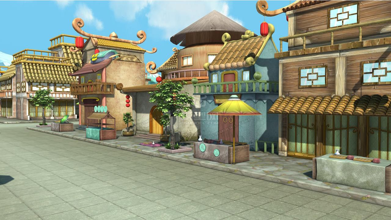 卡通东方魔幻城市城镇集市街道场景,手绘材质,灯光材质全