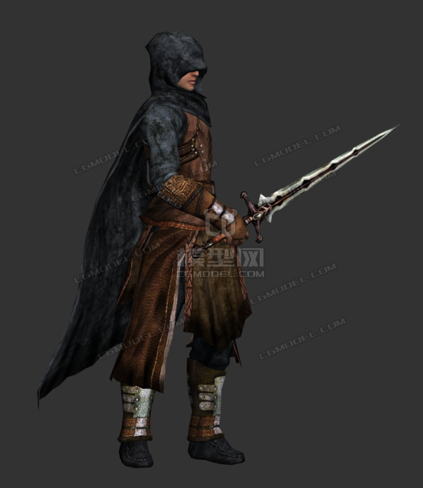 一个带披风兜帽的欧洲中世纪风格盗贼(侠客刺客)的模型,3000帧动作全