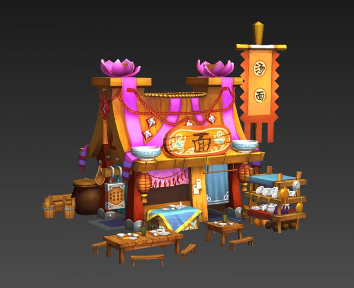 低价超值出售纯手绘卡通面馆房子一枚,颜色_紫铭之夜作品_场景古代