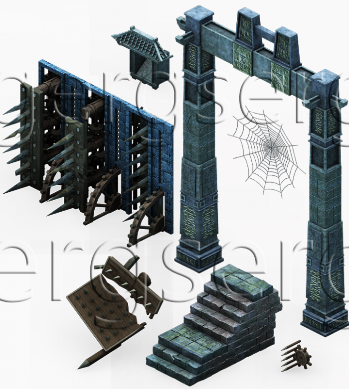 写实的石门牌坊3d高模型 栅栏机关钢刺破损的盾牌石柱子小屋门台阶梯石阶蜘蛛 网道具 Cg模型网 Cgmodel 三维设计师交流互动平台 专注多品类3d模型下载 原创作品分享 软件学习