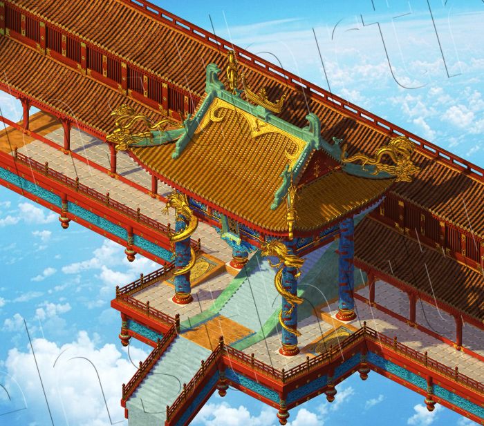 金碧辉煌的凌霄宝殿3d高模模型,天空中金龙盘绕的天宫楼宇玉皇大帝的