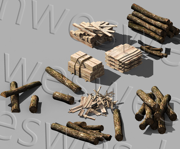 写实的一组木柴木料3d高模模型,用于建筑的树杆圆木