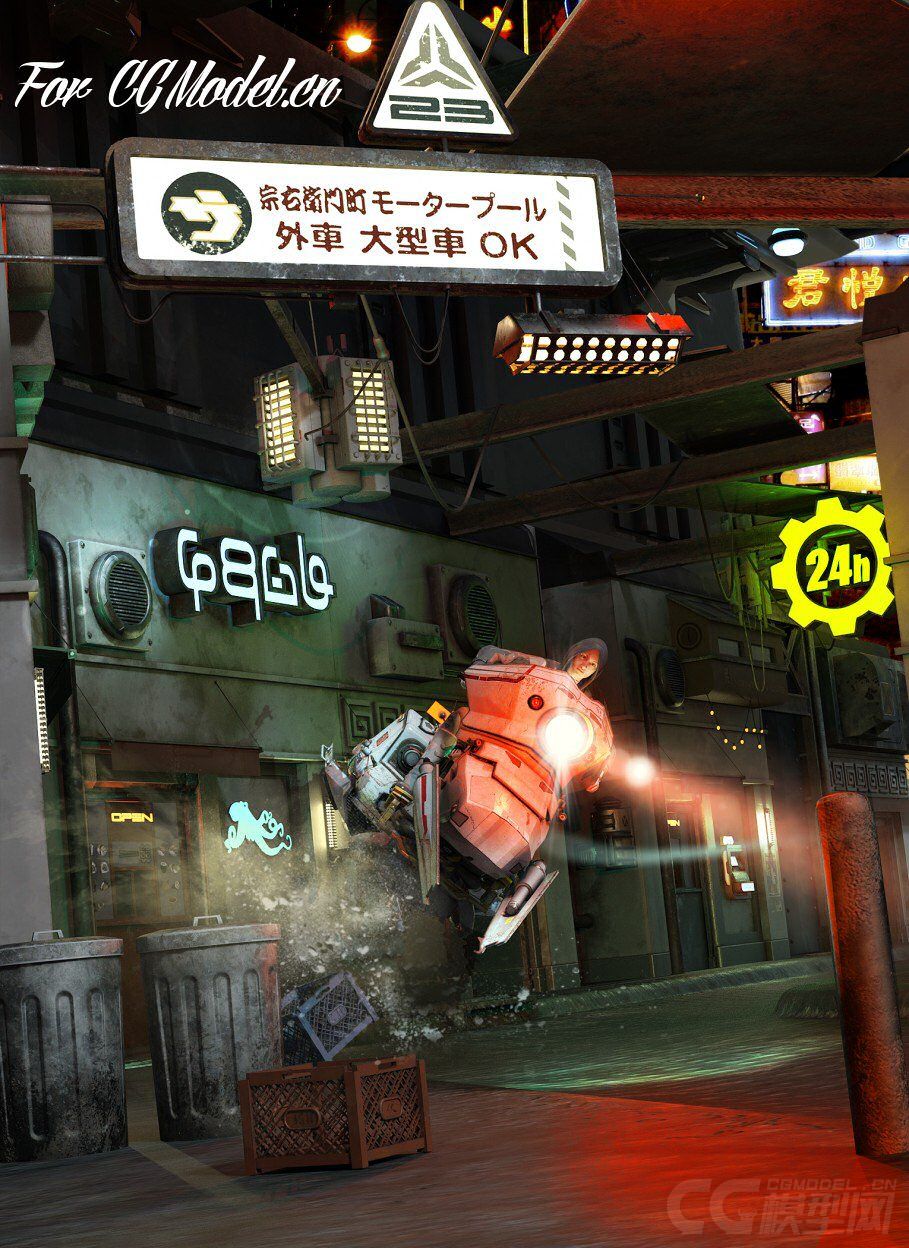 sci-fi black market alley科幻黑市巷街道建筑,路灯,商店