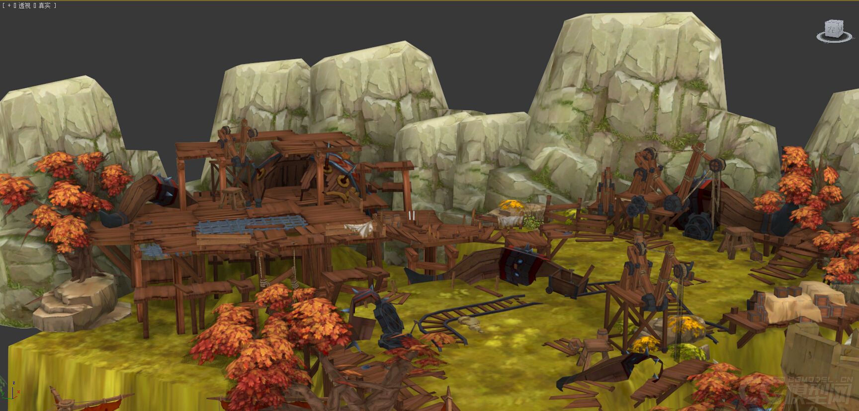 游戏场景系列14古代战争营地山体山腰树木 军事用地 山坡岩石模型