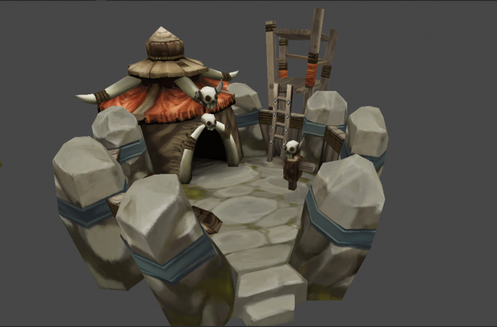 q版卡通兽人小建筑2 骷髅旗帜 石屋 石椅宝座 断头台 许愿池 矿洞口