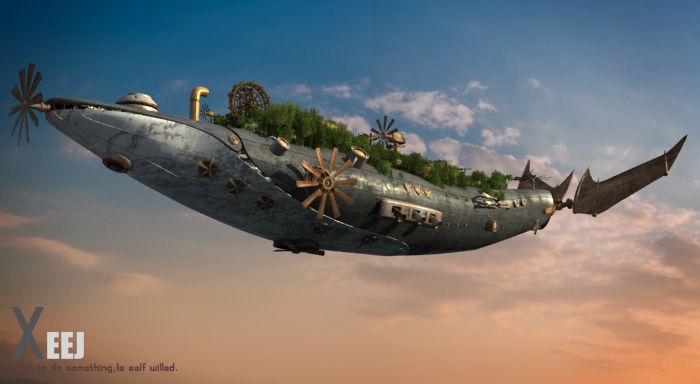 超精细飞行机械鲸鱼宫崎骏风格