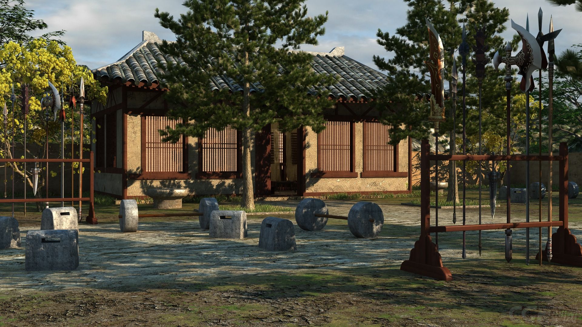 【精品场景】一个练武场,石锁,石墩,刀枪剑戟都有