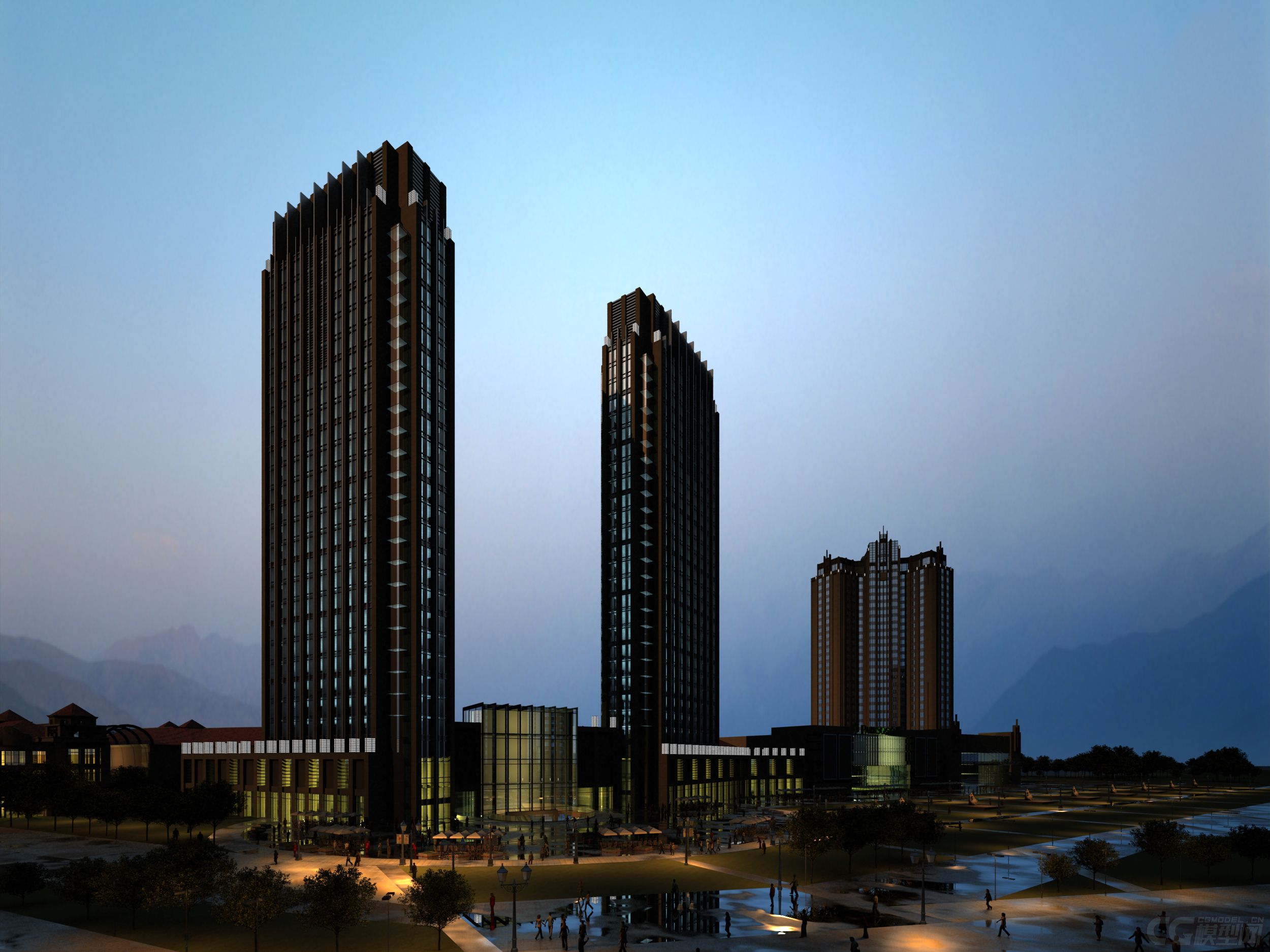 城市夜景,商业街夜景,高楼3d模型,商业中心,商场.