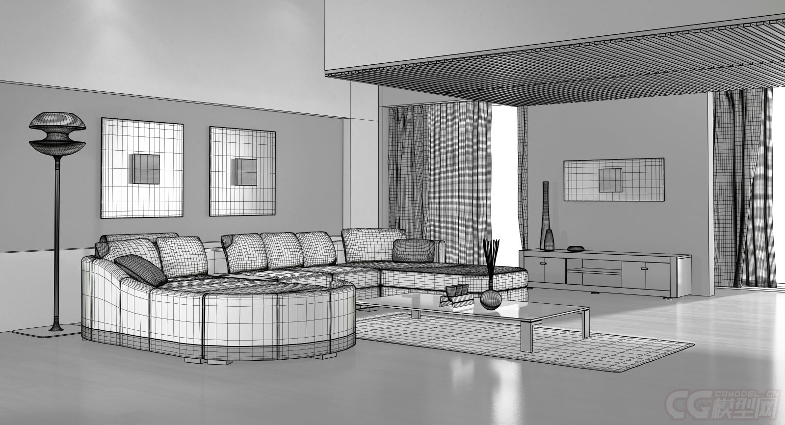 一个简约的客厅模型沙发茶几柜子