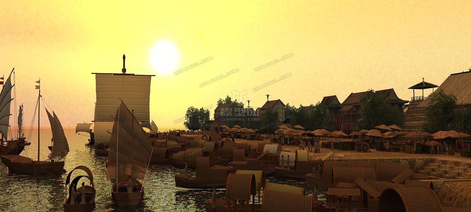 古代货船 码头 船 海面黄昏
