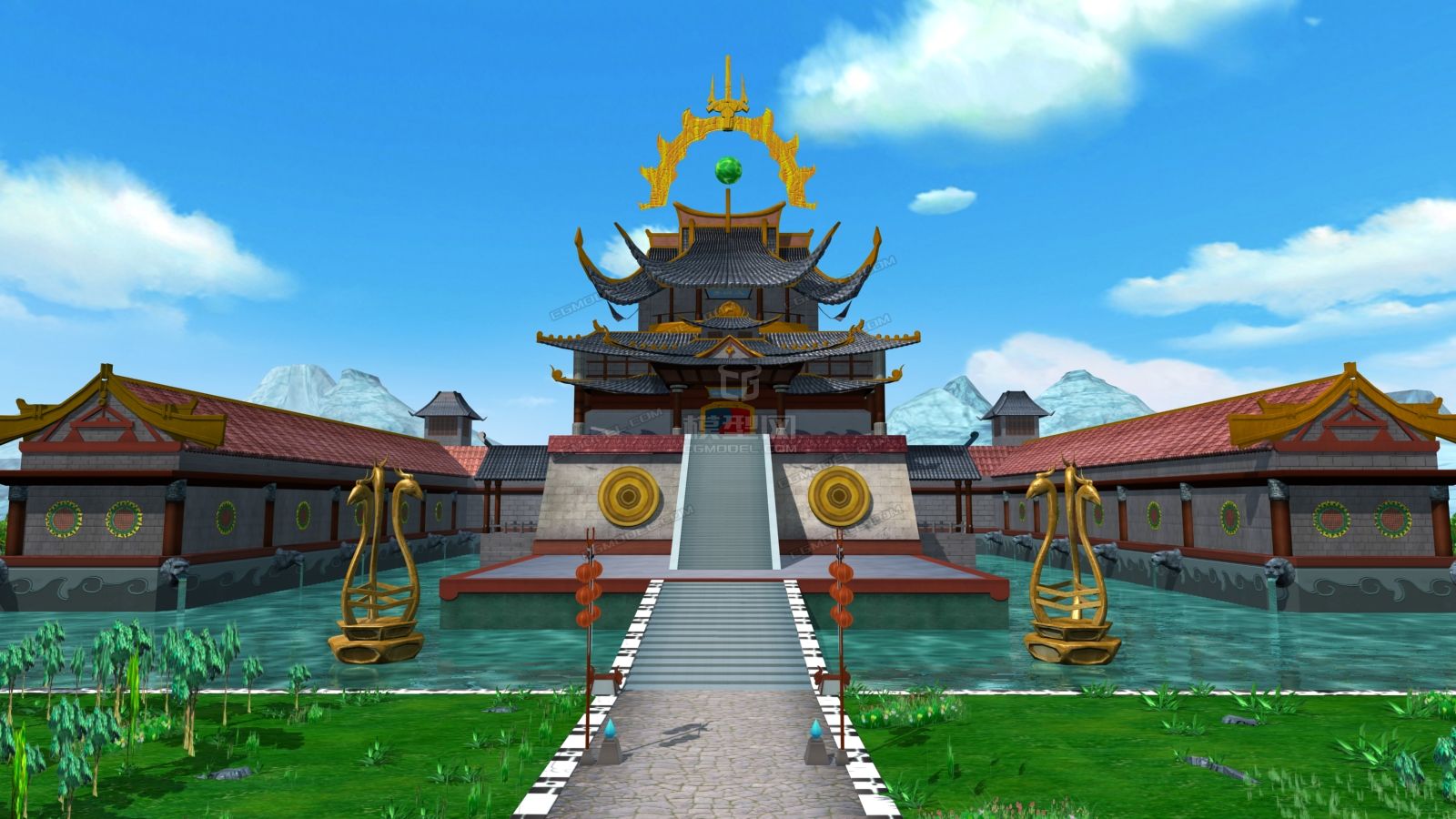 卡通东方魔幻建筑主楼场景,灯光材质全