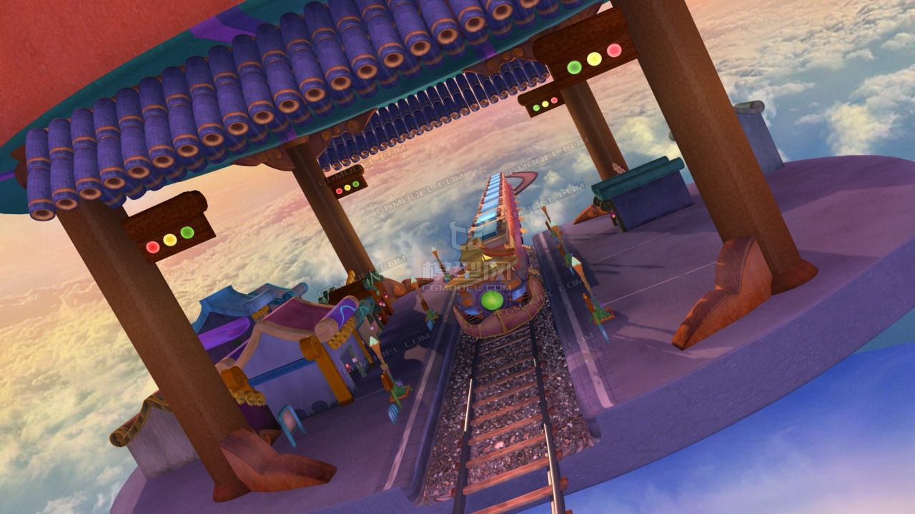 卡通东方魔幻云海空中车站场景,手绘材质灯光全