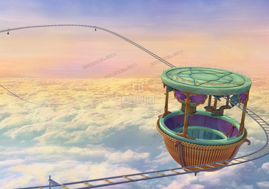 卡通东方魔幻空中云海列车站点场景,手绘材质灯光全