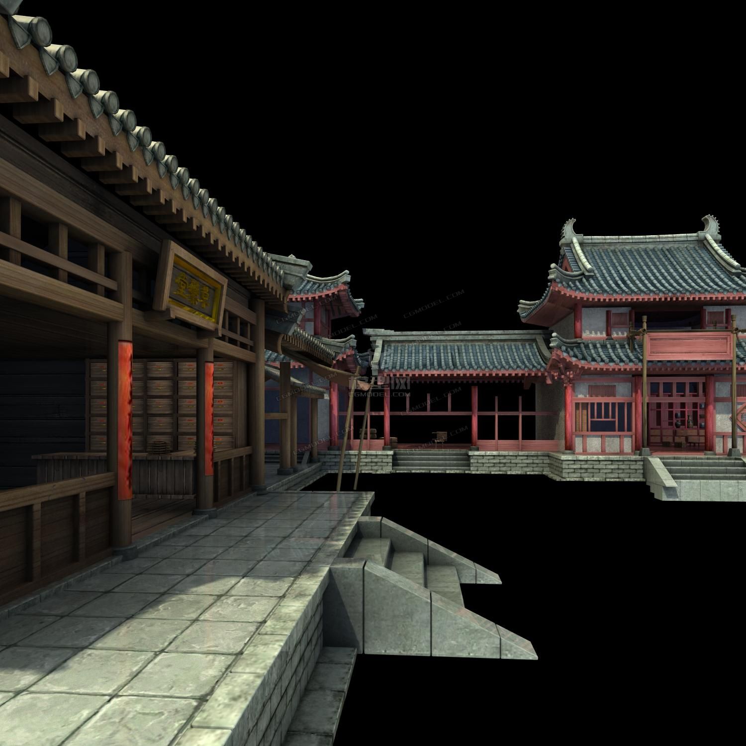 古街 文化街 唐朝古建场景高模_大湿作品_场景自然场景_cg模型网