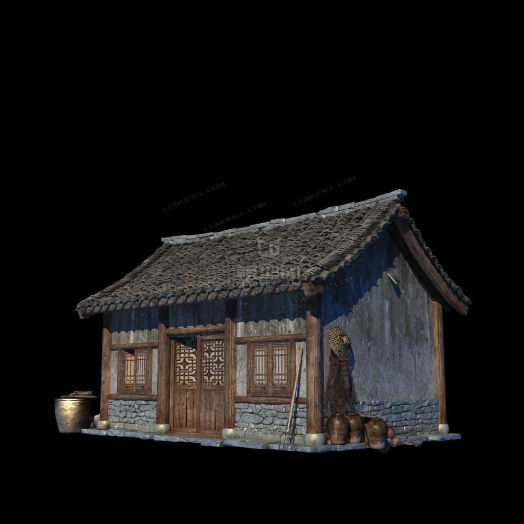 村庄小瓦房农具斗笠民居民房场景模型_大湿作品_场景古代场景_cg模型