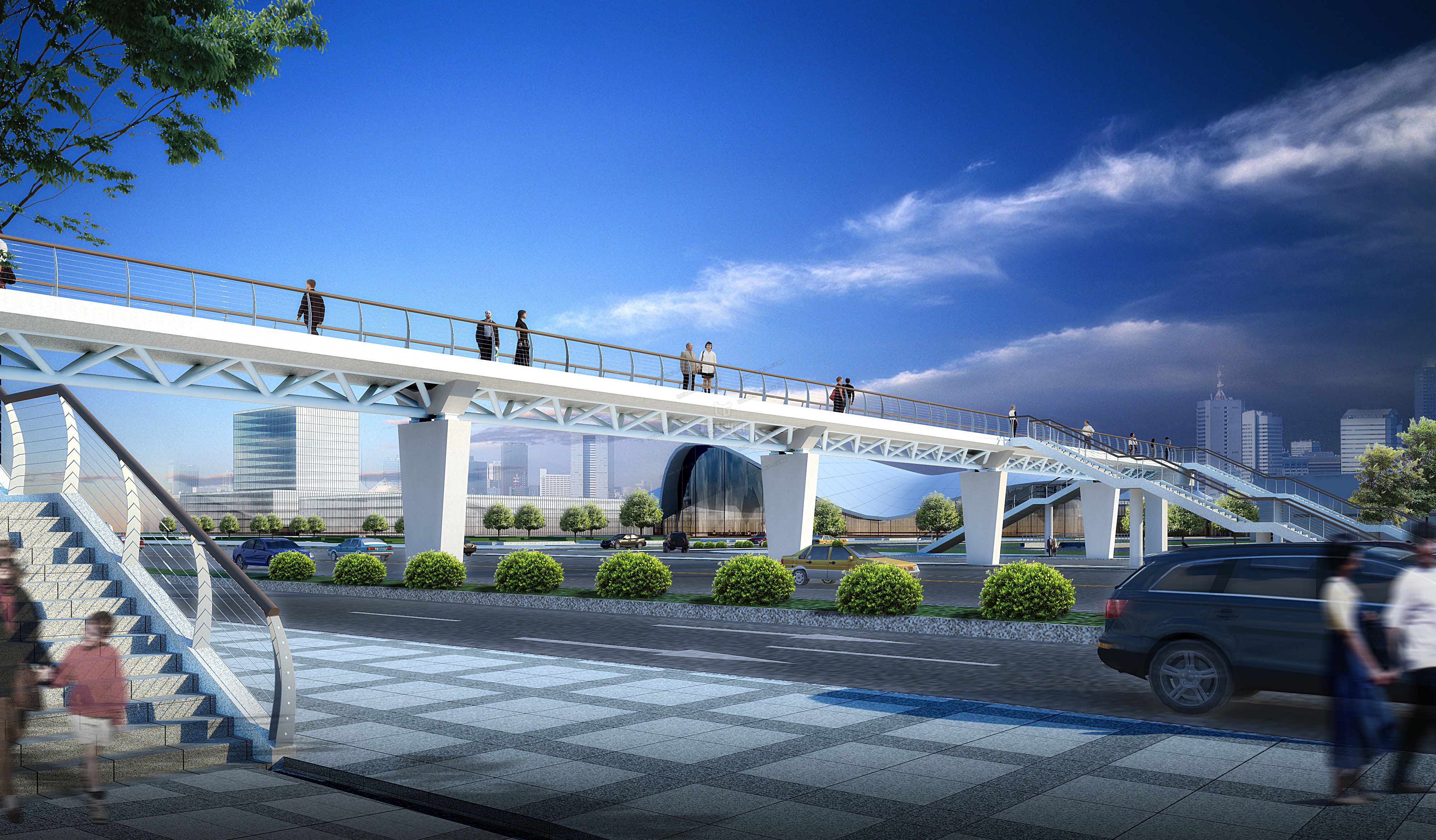 天桥 场景 模型下载 max 创意桥设计 白天 蓝天 河