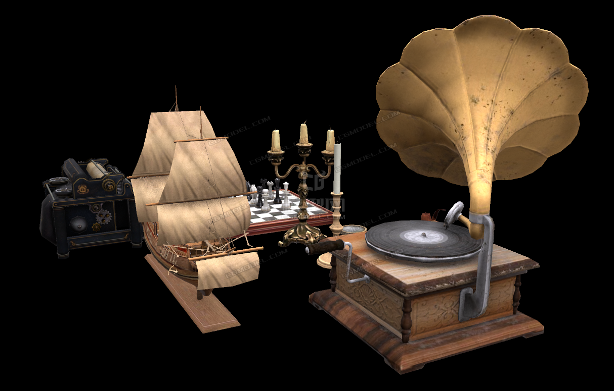 自制复古古典西洋小品道具一组帆船打字机象棋雪茄烟烛台蜡烛