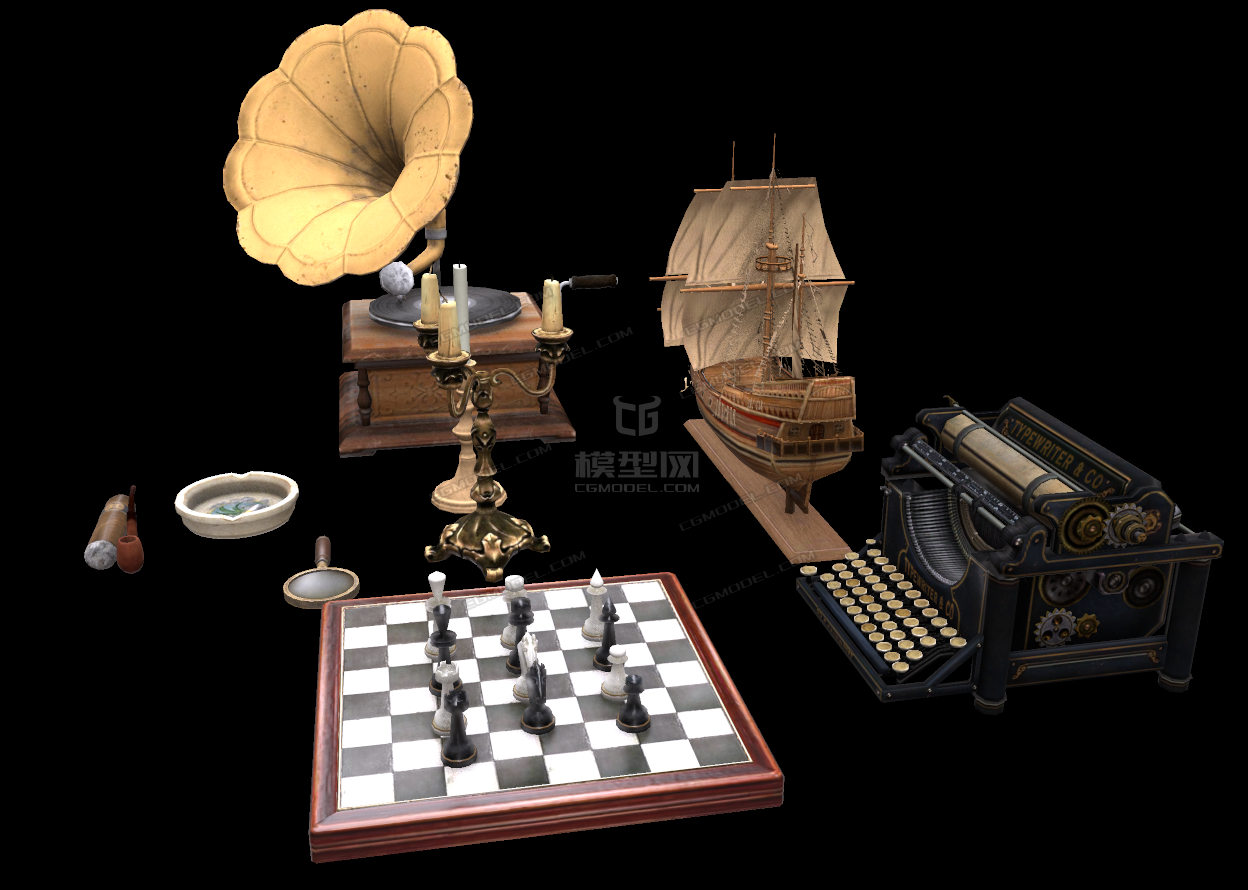 自制复古古典西洋小品道具一组帆船打字机象棋雪茄烟烛台蜡烛