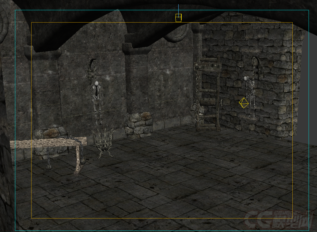 恐怖的地牢房间,白骨,刑具