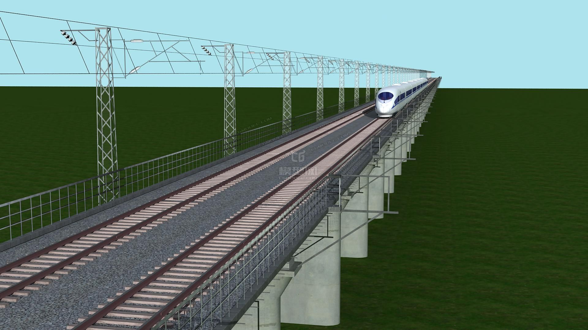 和諧號動車駕過鐵路高架橋綁定模型