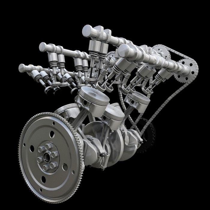 v6发动机**动画模型v6发动机,气缸60度夹角,活塞,正时链条,气门凸轮有