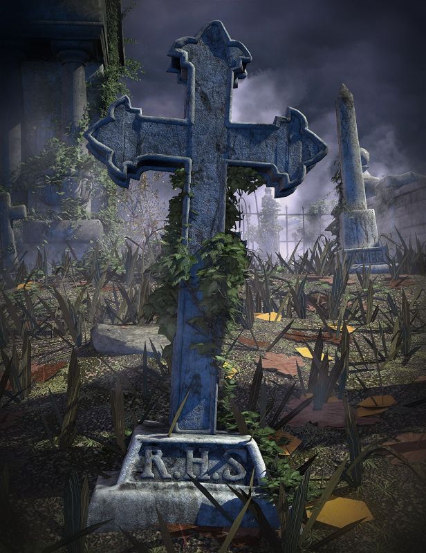 带草地环境和修饰的24种坟场墓碑,纪念碑,石碑,恐怖阴森环境气氛